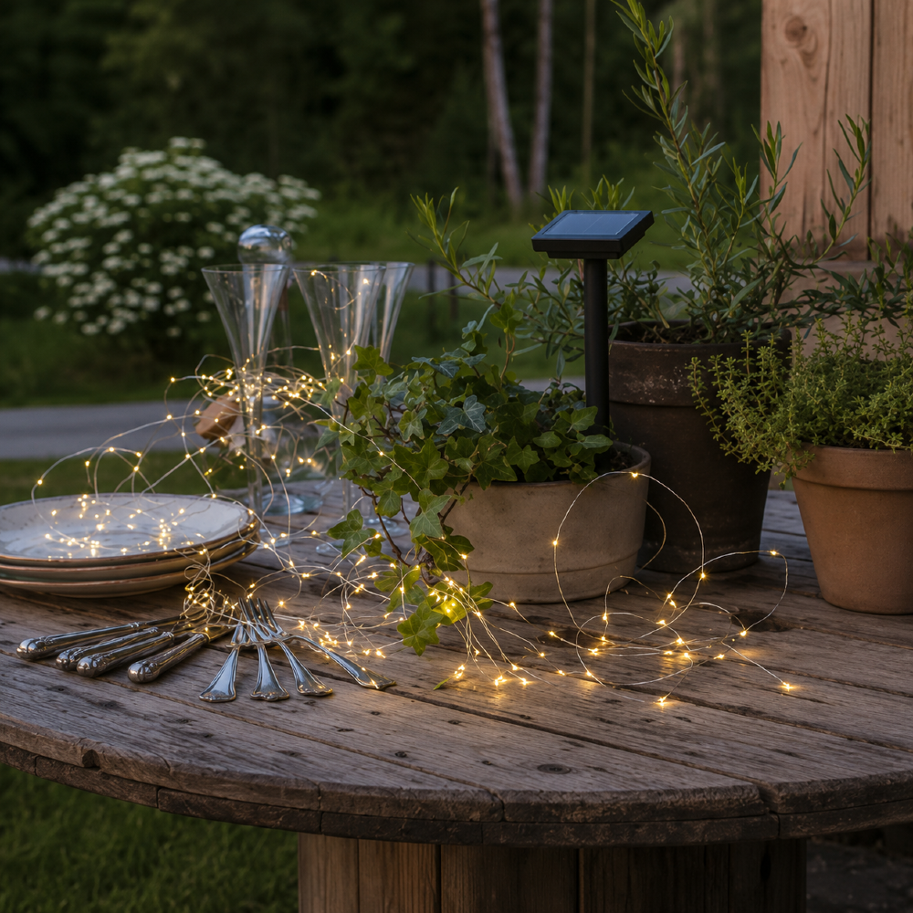 Ciepłobiałe lampki łańcucha solarnego Dew Drop LED subtelnie oświetlają drewniany stół i rośliny ogrodowe, tworząc nastrojową dekorację wieczorną.