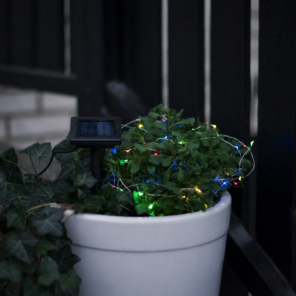Wielokolorowy łańcuch solarny Dew Drop LED umieszczony w donicy z roślinami na balkonie. Mikro diody LED subtelnie rozświetlają liście i tworzą efektowną dekorację świetlną do ogrodu, tarasu lub balkonu.