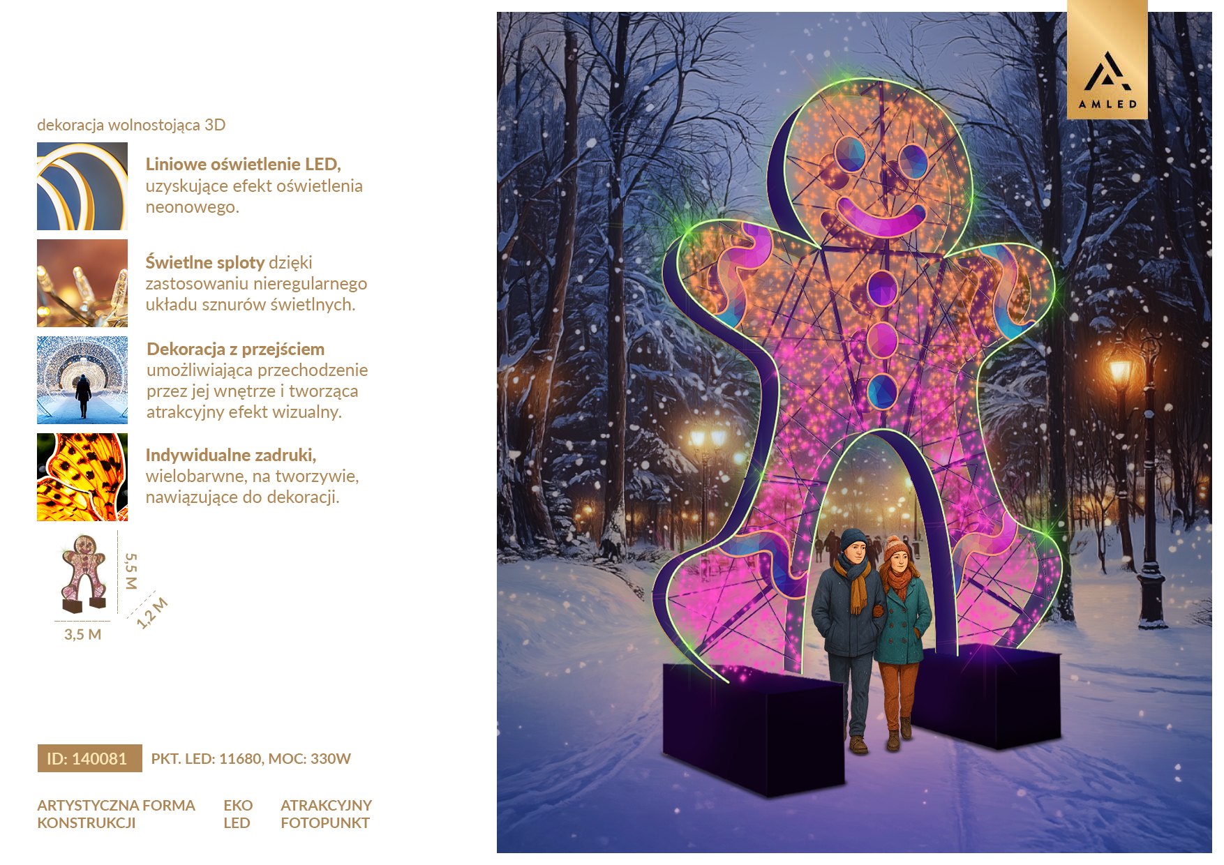Karta produktu Brama Pan Ciastek 3D z przejściem LED, dekoracja wolnostojąca o wysokości 5,5 m i szerokości 3,5 m, 11 680 punktów LED, efekt neonowego oświetlenia, kolorowe zadruki, ID 140081.