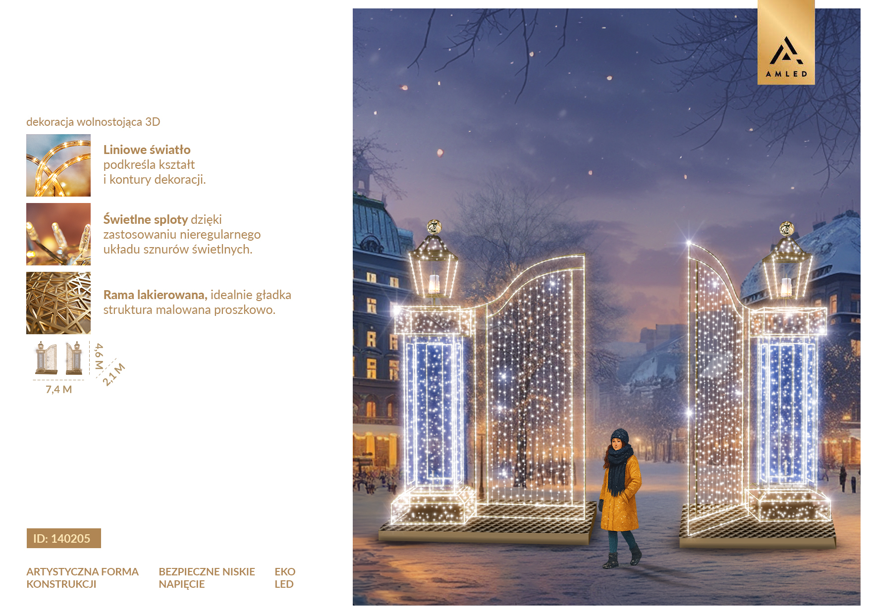 Karta produktu Brama z Latarenkami 3D z przejściem LED, dekoracja wolnostojąca 7,4 × 2,1 × 4,6 m z liniowym oświetleniem LED, świetlną kurtyną i stylizowanymi latarniami. ID 140205.