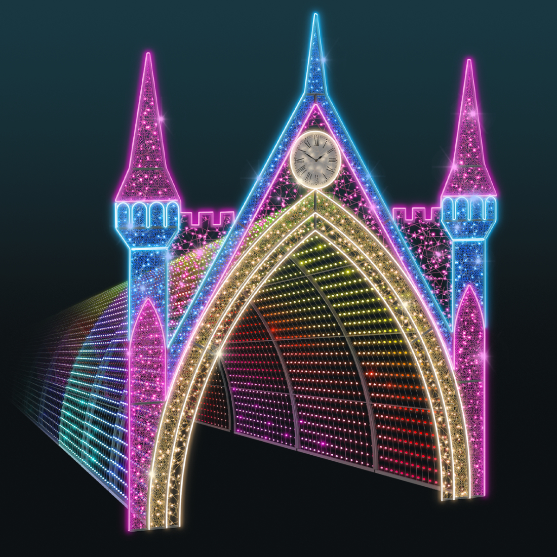 Bajkowy Tunel LED RGB z przejściem, przestrzenna dekoracja świetlna z wieżami, zegarem oraz ekranem LED RGB wyświetlającym kolorowe animacje. Efektowny fotopunkt do miast, galerii handlowych, hoteli i przestrzeni komercyjnych.