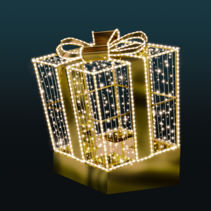 Prezent 3D LED – elegancka dekoracja świąteczna w formie złotego prezentu z kokardą i oświetleniem LED, idealna do dekoracji placów miejskich, galerii handlowych, hoteli oraz przestrzeni komercyjnych.