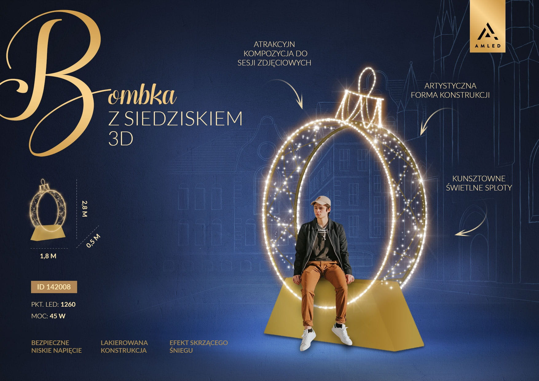 Infografika dekoracji Bombka 3D z siedziskiem – artystyczna konstrukcja świetlna z 1260 LED, wysokość 180 cm, atrakcyjna do sesji zdjęciowych.