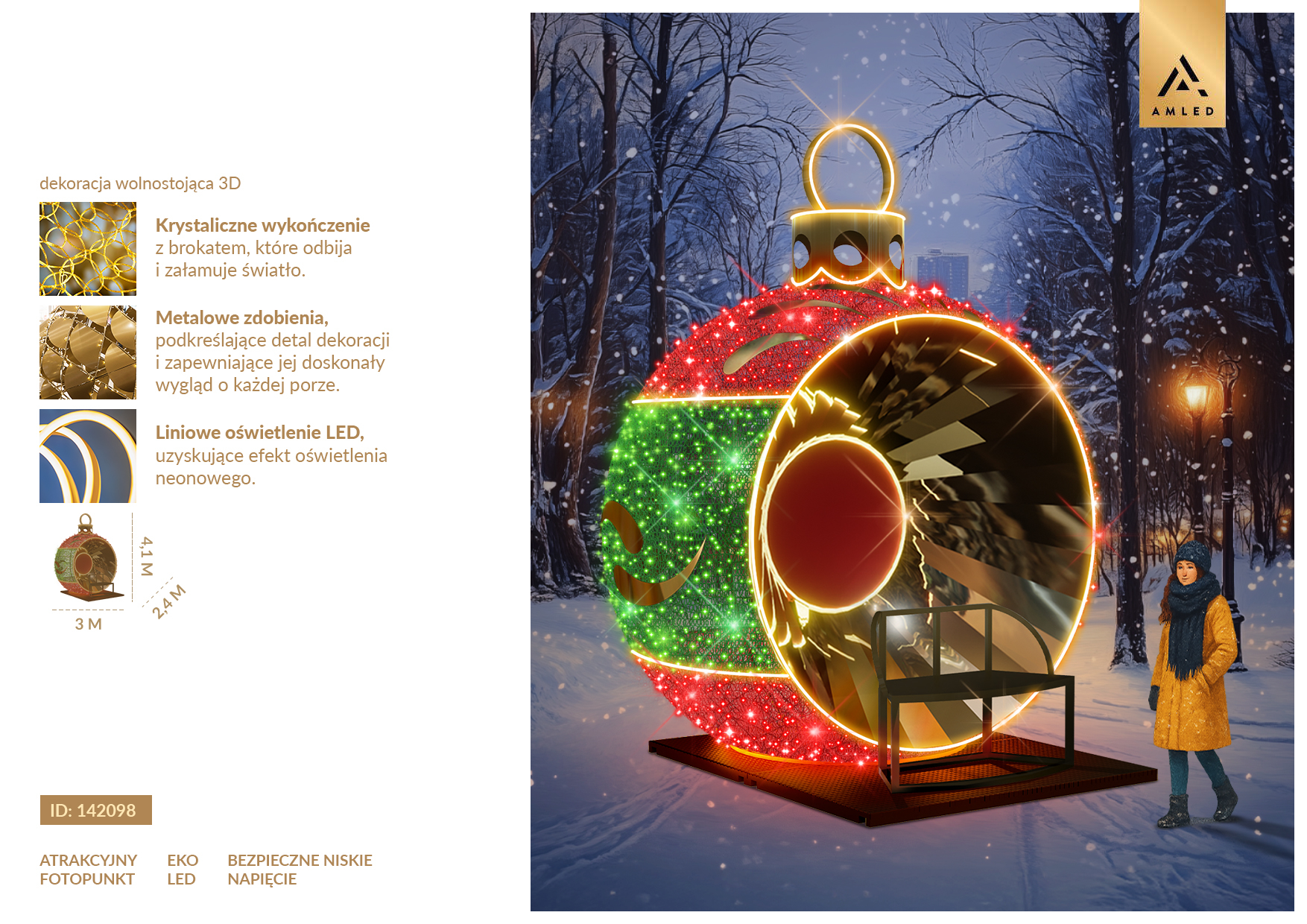 Karta produktu Bombka Retro z Siedziskiem 3D LED – przestrzenna dekoracja świąteczna z wygodnym miejscem do siedzenia, efektowny fotopunkt do miejskich i komercyjnych iluminacji. ID 142098.