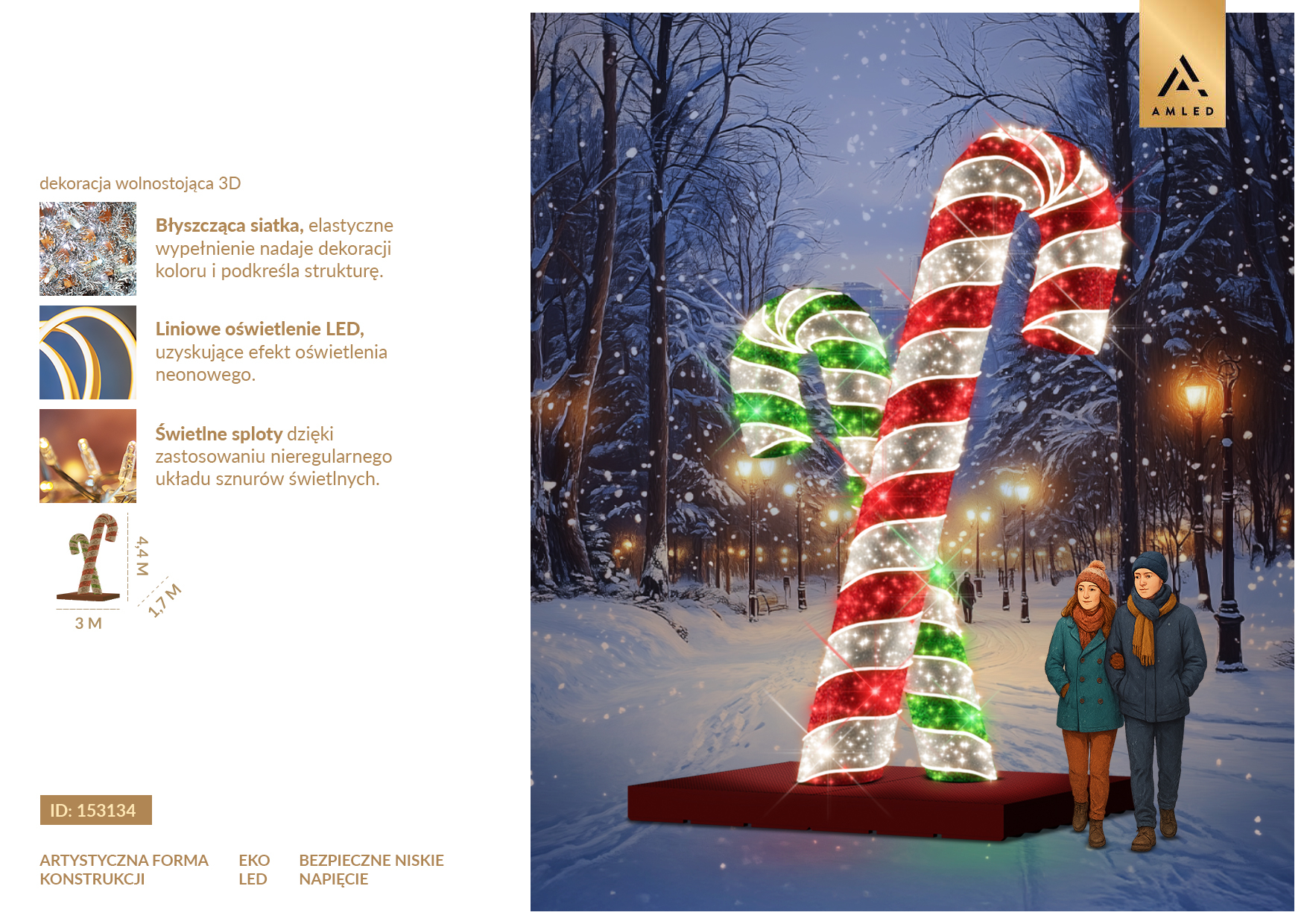 Karta produktu Podwójna Laska Cukrowa 3D LED – dekoracja wolnostojąca z czerwono-białą i zielono-białą laską cukrową oraz efektem neonowego oświetlenia LED. ID 153134.