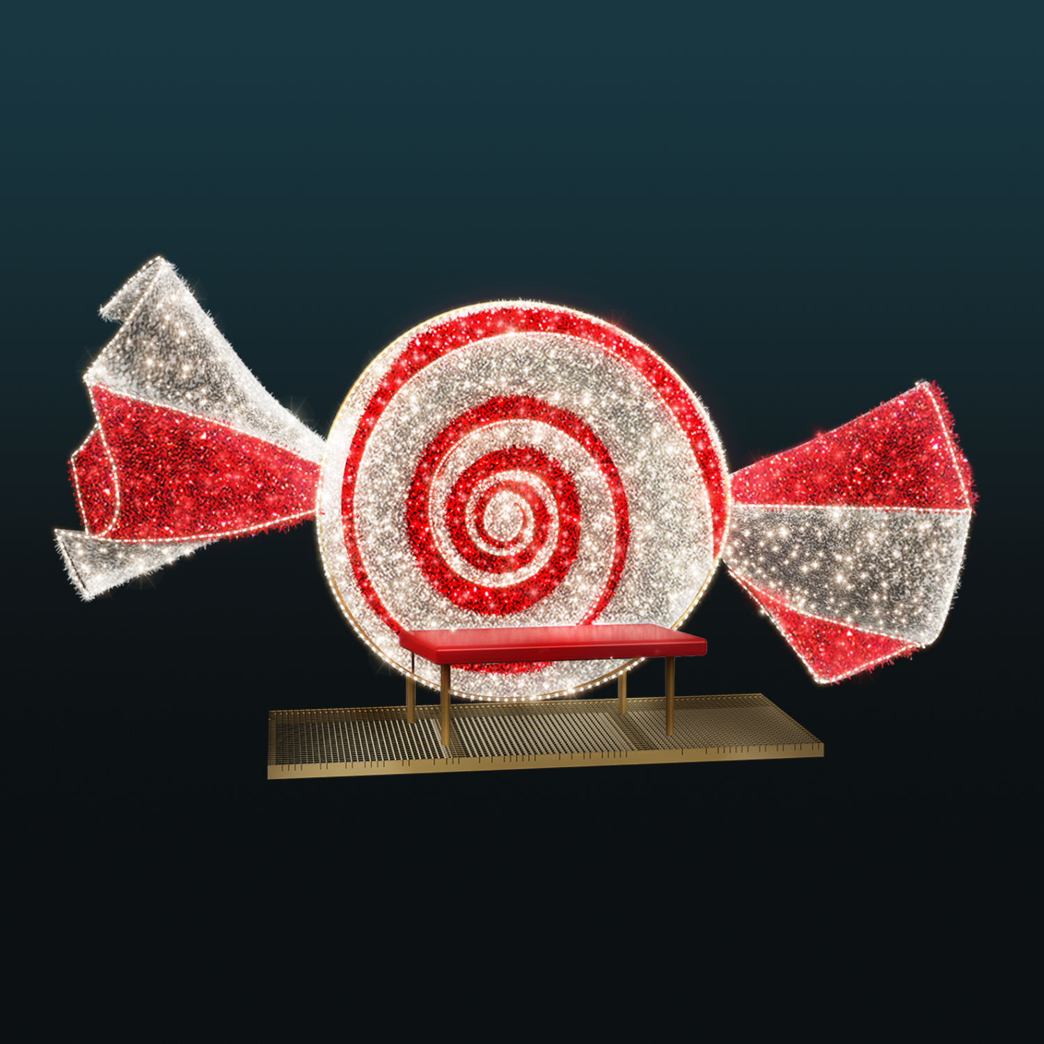 Cukierek 3D LED z ławką – dekoracja świąteczna do wykonywania pamiątkowych zdjęć, idealna na place miejskie, galerie handlowe, parki, hotele oraz jarmarki bożonarodzeniowe.