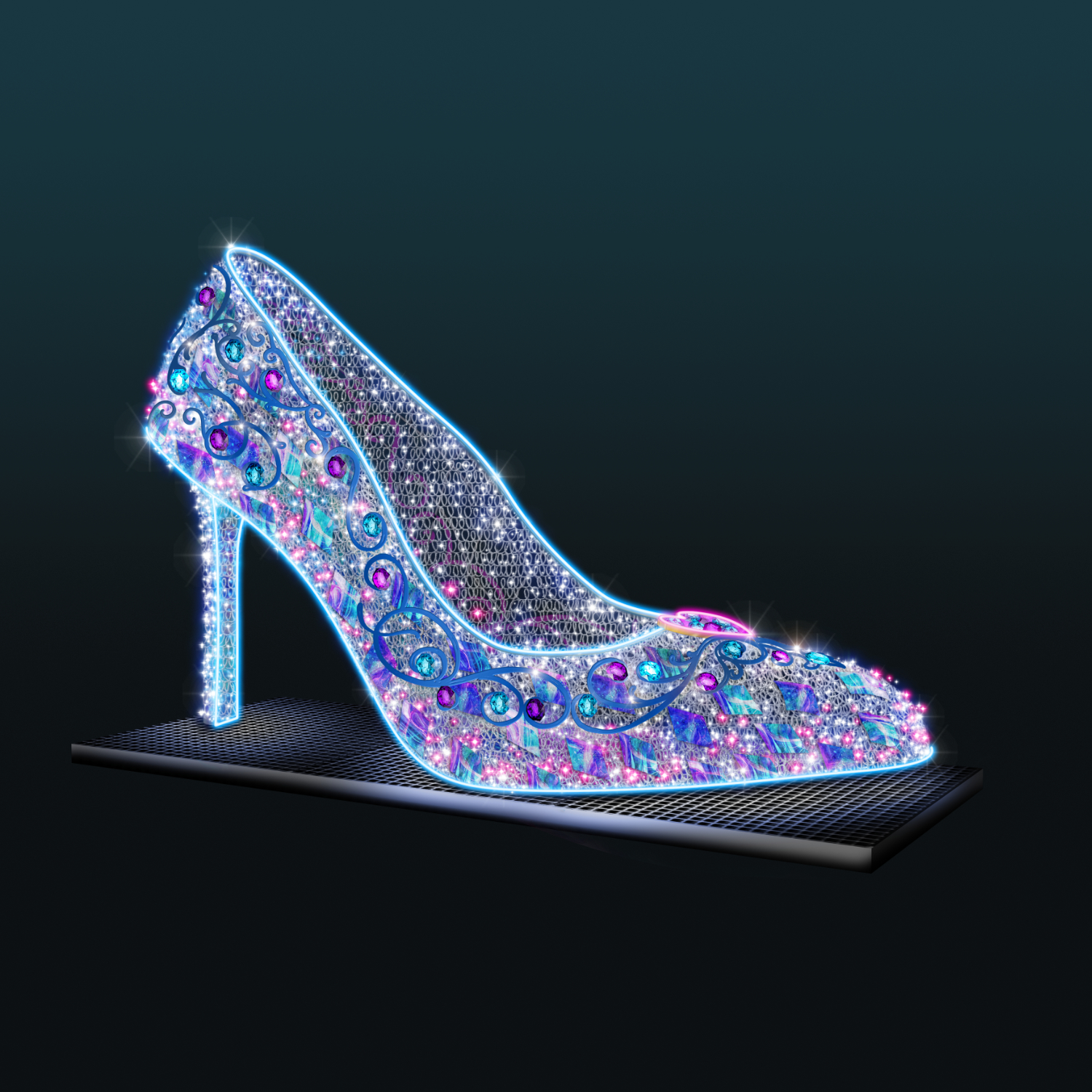 Pantofelek 3D LED – elegancka dekoracja przestrzenna i fotopunkt do galerii handlowych, hoteli, miejskich placów oraz świątecznych wydarzeń i iluminacji.