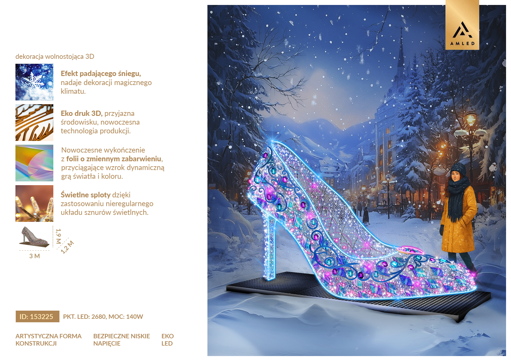 Karta produktu Pantofelek 3D LED – przestrzenna dekoracja świąteczna w kształcie eleganckiego pantofelka z ornamentami, oświetleniem LED i dekoracyjnymi elementami. ID 153225.