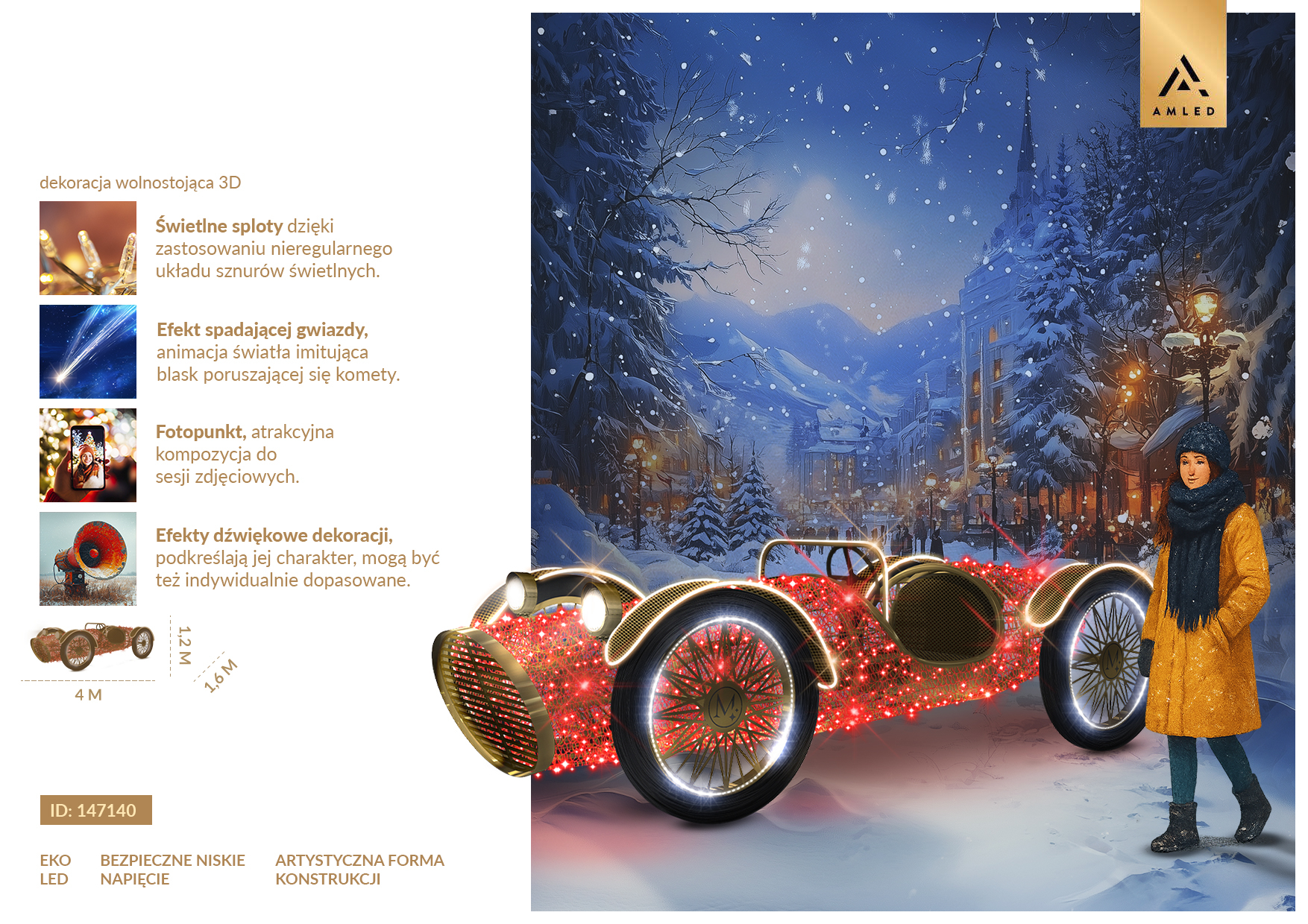 Karta produktu Czerwony Bolid 3D LED – dekoracja przestrzenna inspirowana klasycznym samochodem wyścigowym, interaktywny fotopunkt z oświetleniem LED. ID 147140.