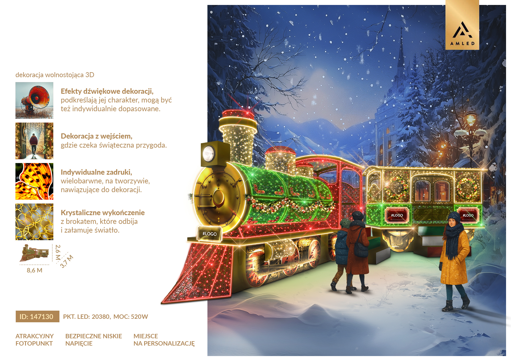 Karta produktu Świąteczny Express 3D LED – lokomotywa z wagonem, dekoracja z wejściem, fotopunkt z możliwością personalizacji i oświetleniem LED. ID 147130.