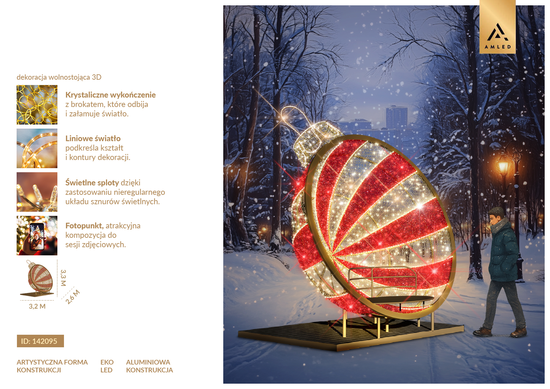 Karta produktu Bombka 3D LED z siedziskiem – przestrzenna dekoracja świąteczna pełniąca funkcję fotopunktu, z brokatowym wykończeniem, oświetleniem LED i aluminiową konstrukcją. ID 142095.