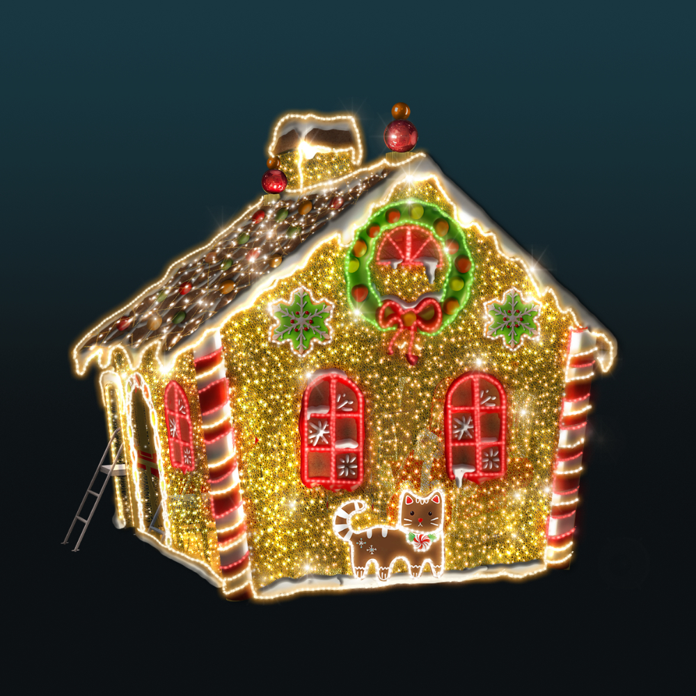 Chatka z Piernika 3D LED z wejściem, świątecznym wieńcem, dekoracyjnymi nadrukami i efektownym oświetleniem LED – bajkowy fotopunkt do miejskich oraz komercyjnych iluminacji świątecznych.