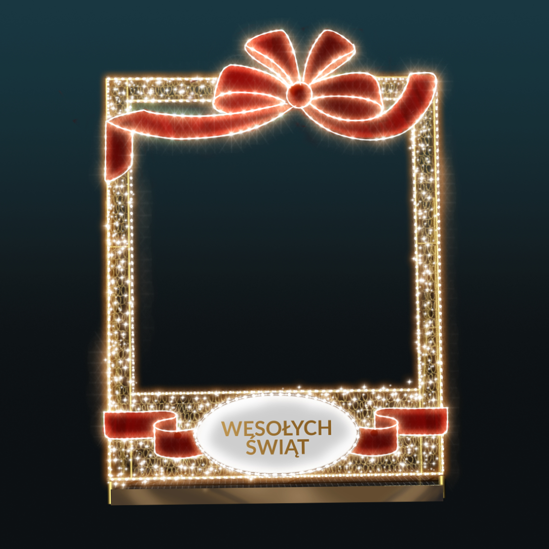 Fotoramka z Kokardą i Kasetonem 2D LED – dekoracyjny fotopunkt z czerwoną kokardą, podświetlanym kasetonem na logo lub napis oraz efektownym oświetleniem LED do miejskich i komercyjnych iluminacji.