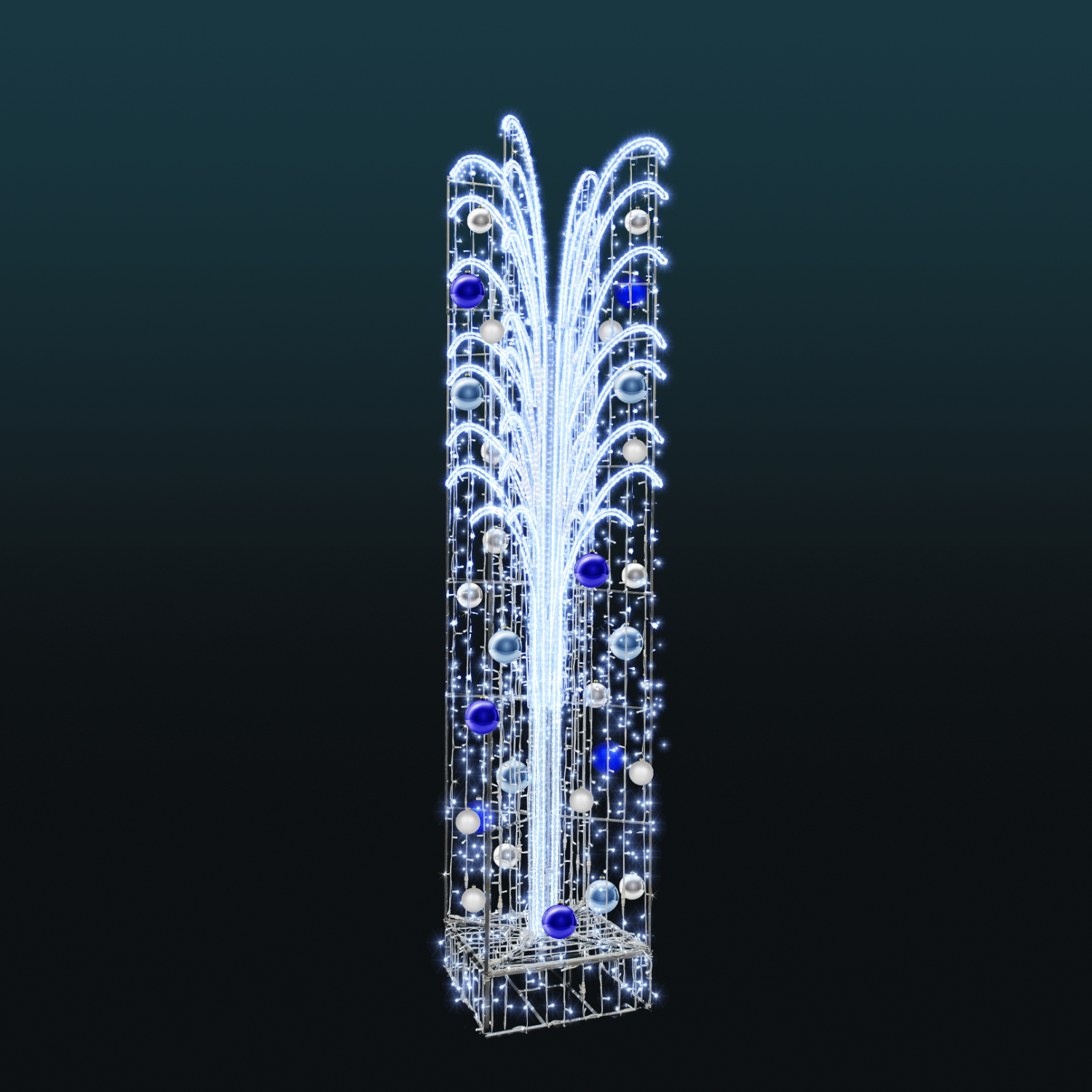 Fontanna 3D LED z dekoracyjnymi bombkami i białym oświetleniem LED. Elegancka dekoracja świąteczna do parków, rynków, deptaków, galerii handlowych, hoteli oraz przestrzeni miejskich i komercyjnych.
