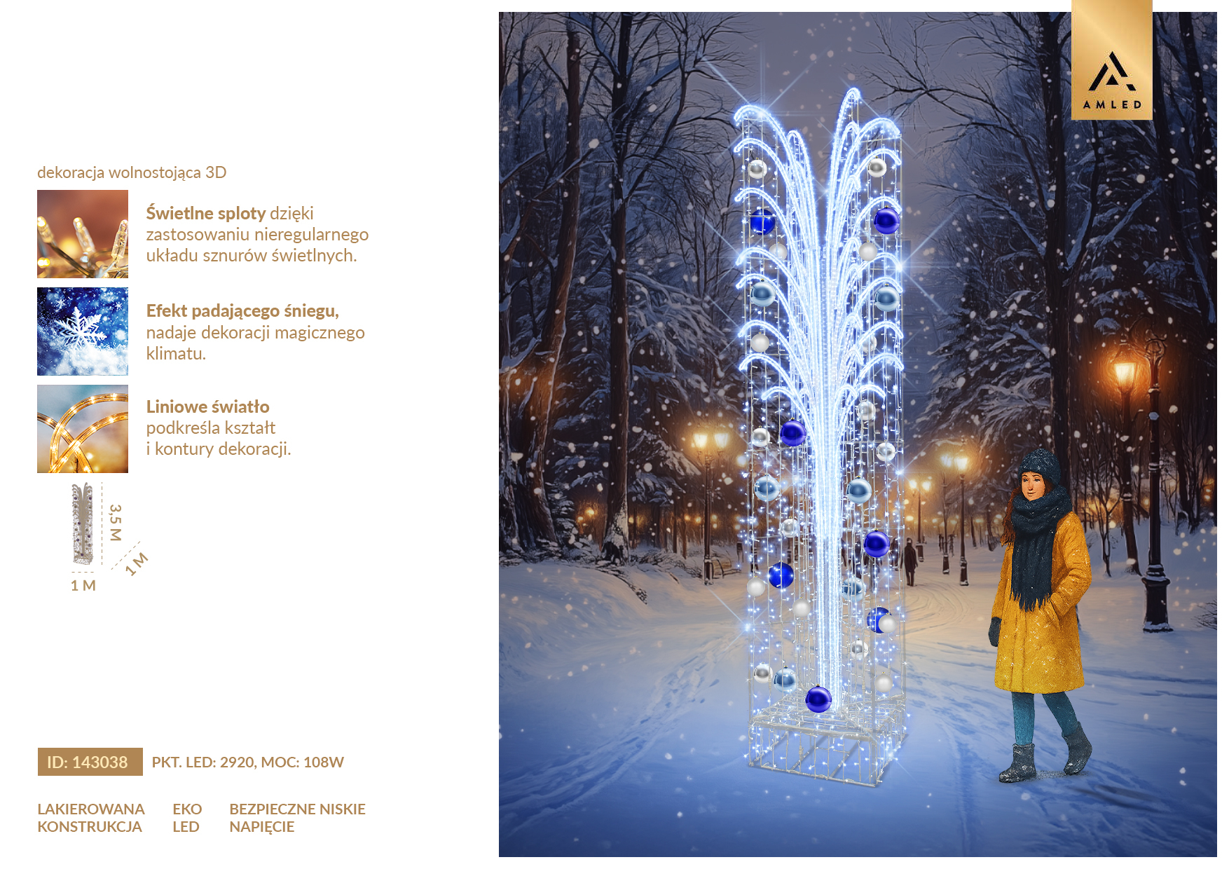 Karta produktu Fontanna 3D LED – wolnostojąca dekoracja świetlna w formie fontanny z łukami LED, ozdobnymi bombkami i efektem padającego śniegu. Dekoracja do miejskich i komercyjnych iluminacji świątecznych. ID 143038.