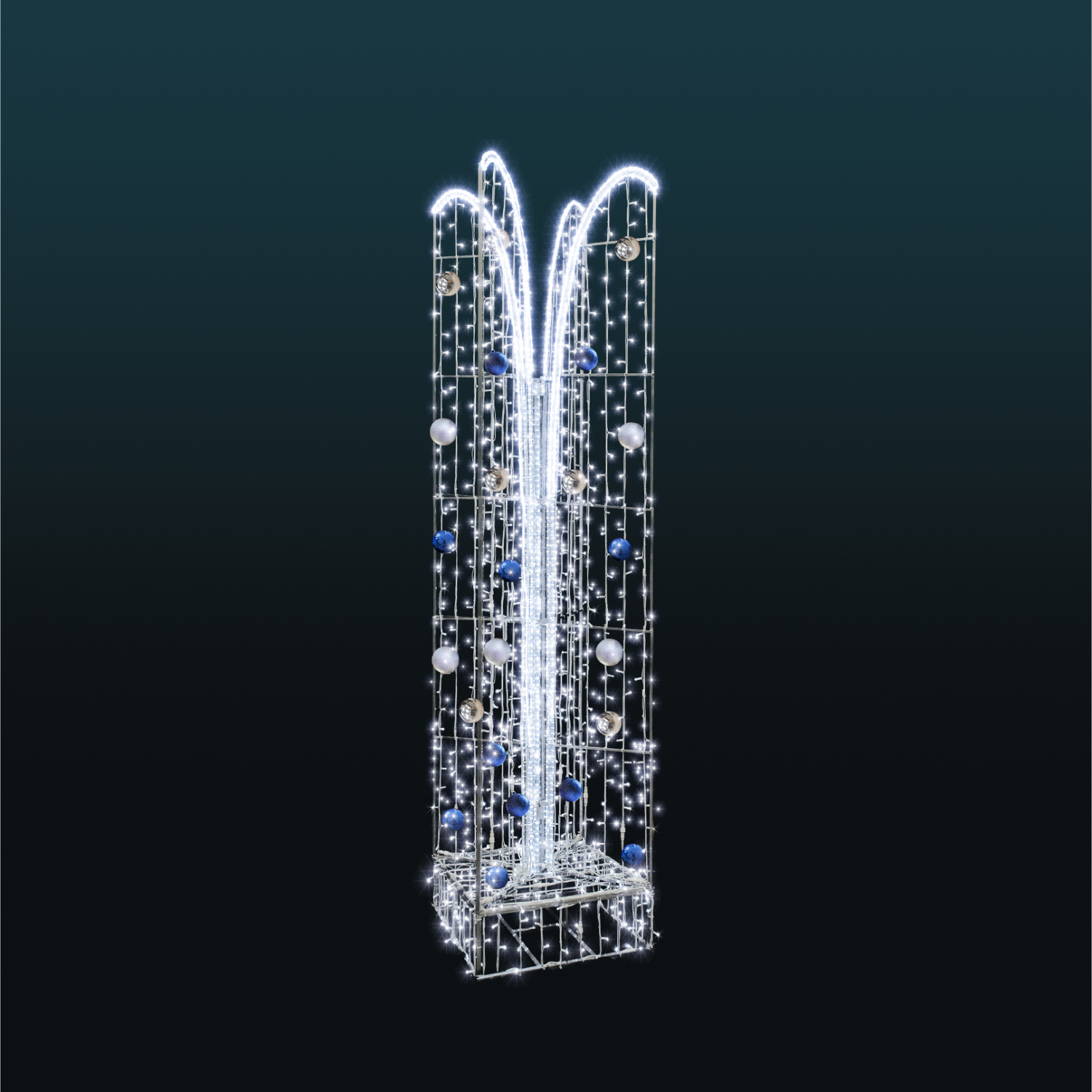 Fontanna 3D LED z dekoracyjnymi bombkami i białym oświetleniem LED. Elegancka dekoracja świąteczna do parków, rynków, deptaków, galerii handlowych, hoteli oraz przestrzeni miejskich i komercyjnych.