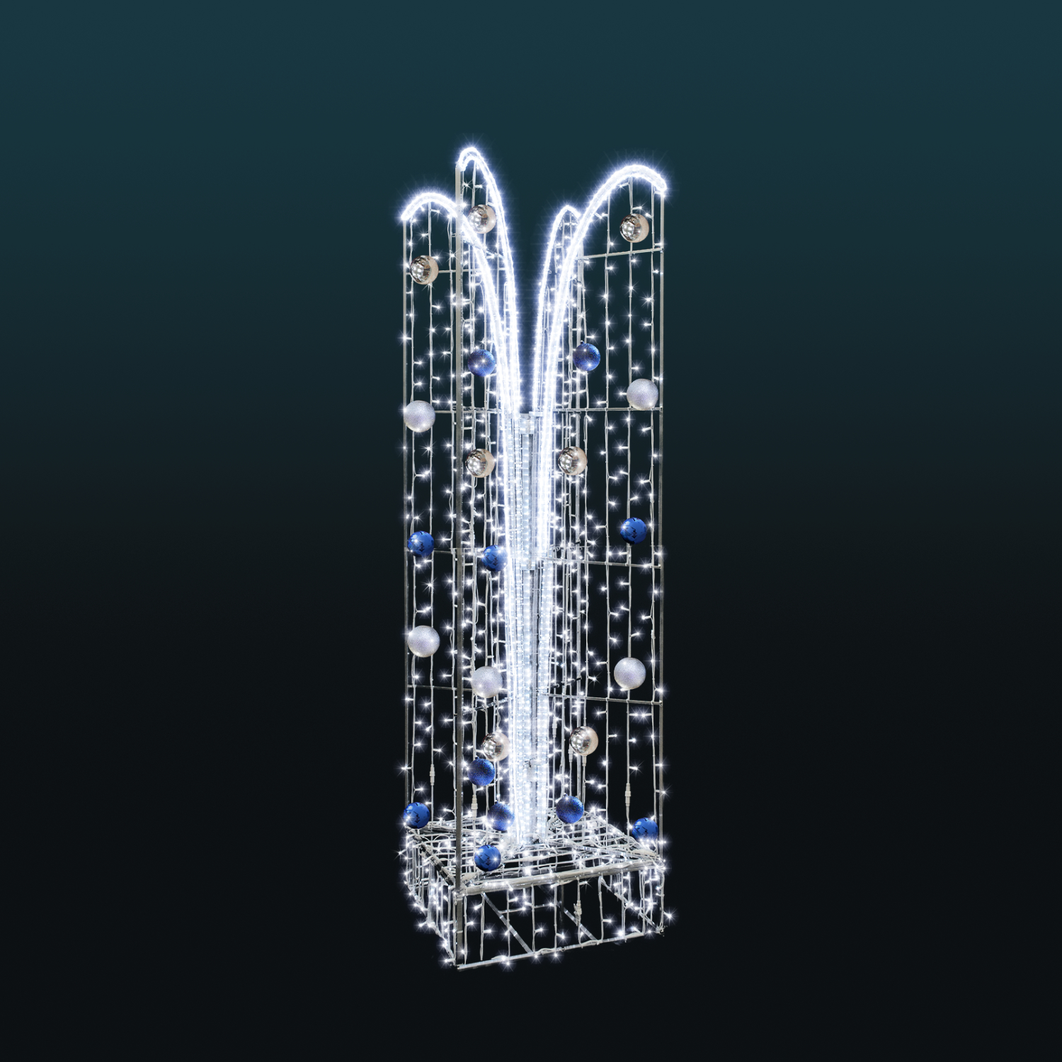 Fontanna 3D LED z dekoracyjnymi bombkami i białym oświetleniem LED. Elegancka dekoracja świąteczna do parków, rynków, deptaków, galerii handlowych, hoteli oraz przestrzeni miejskich i komercyjnych.