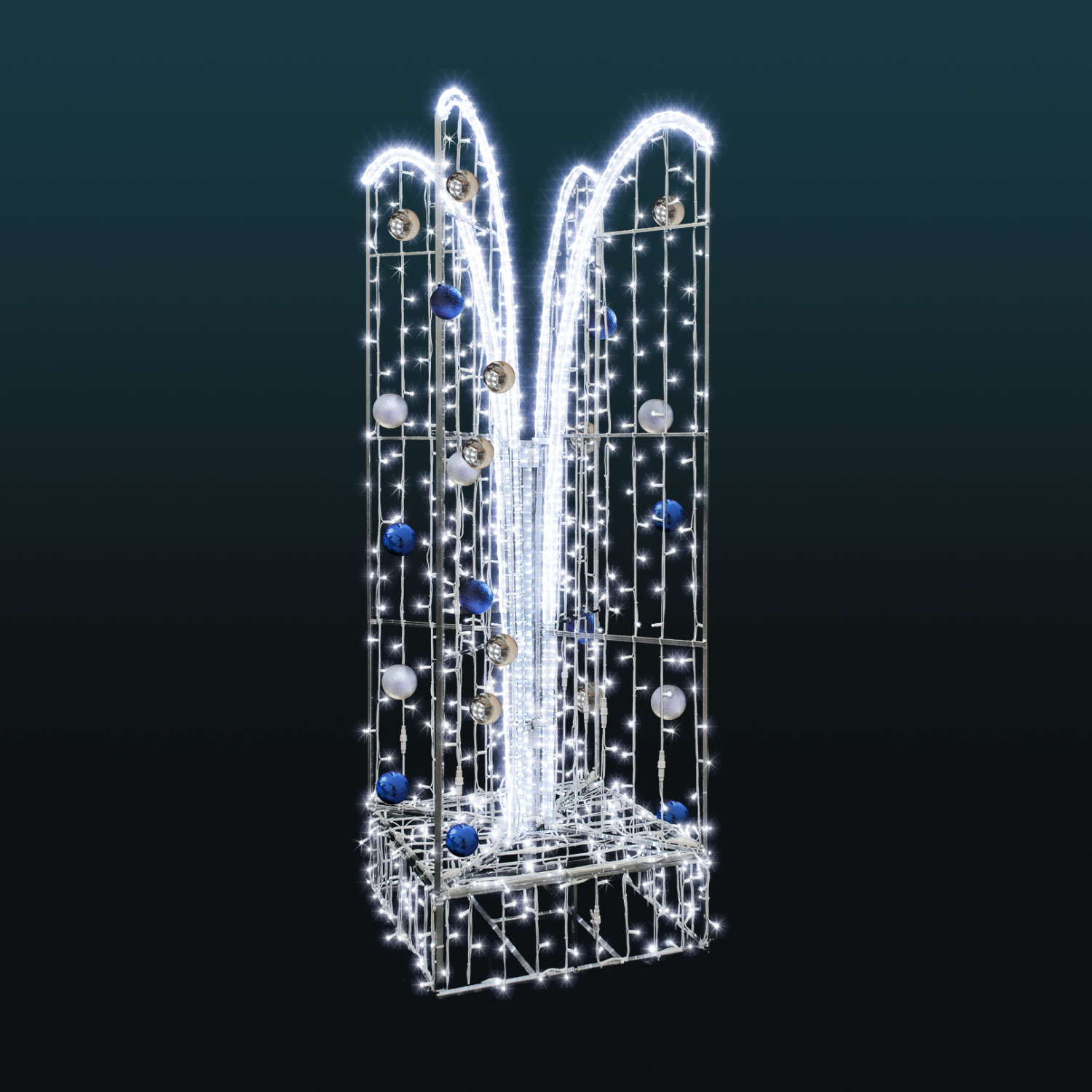 Fontanna 3D LED z dekoracyjnymi bombkami i białym oświetleniem LED. Elegancka dekoracja świąteczna do parków, rynków, deptaków, galerii handlowych, hoteli oraz przestrzeni miejskich i komercyjnych.