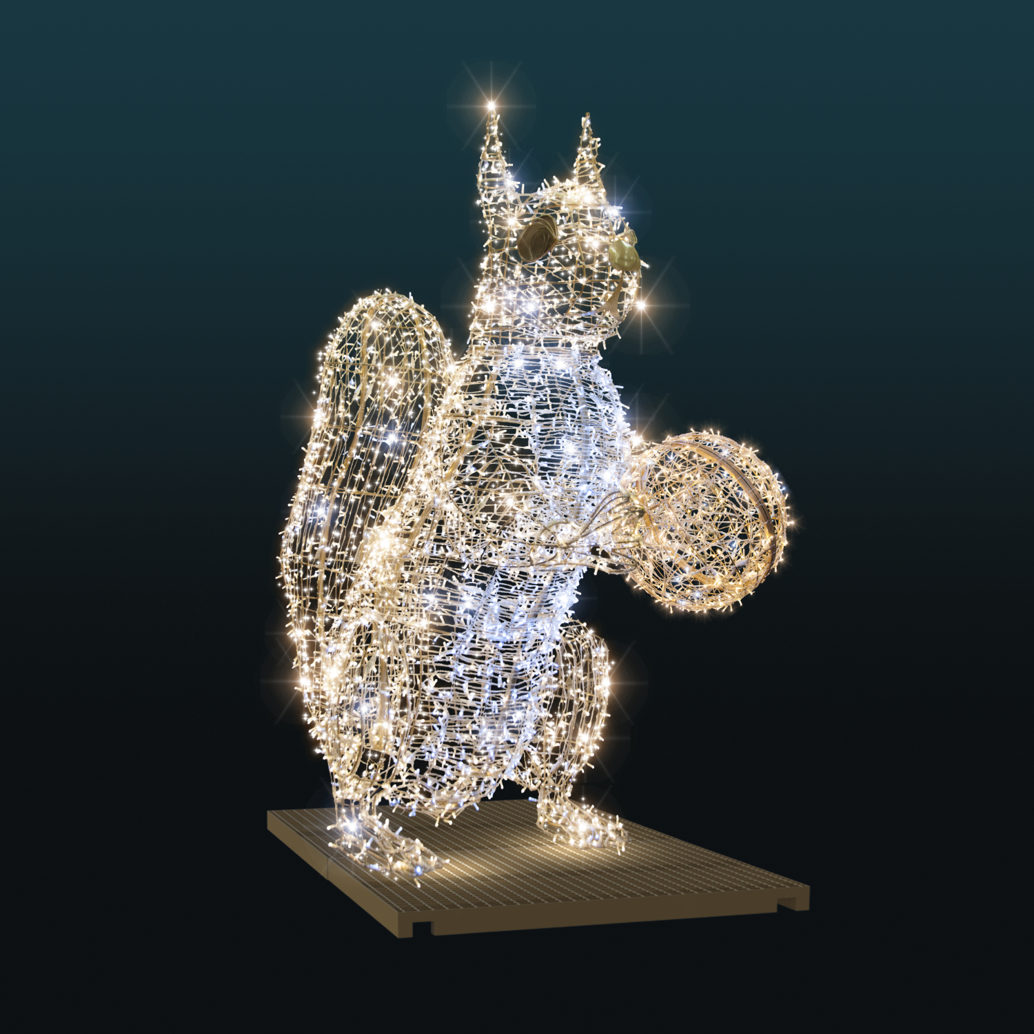 Wiewiórka z Orzechem LED – dekoracja 3D z ciepłym oświetleniem LED i efektem padającego śniegu, idealna do świątecznych iluminacji parków, rynków, galerii handlowych oraz ogrodów światła.