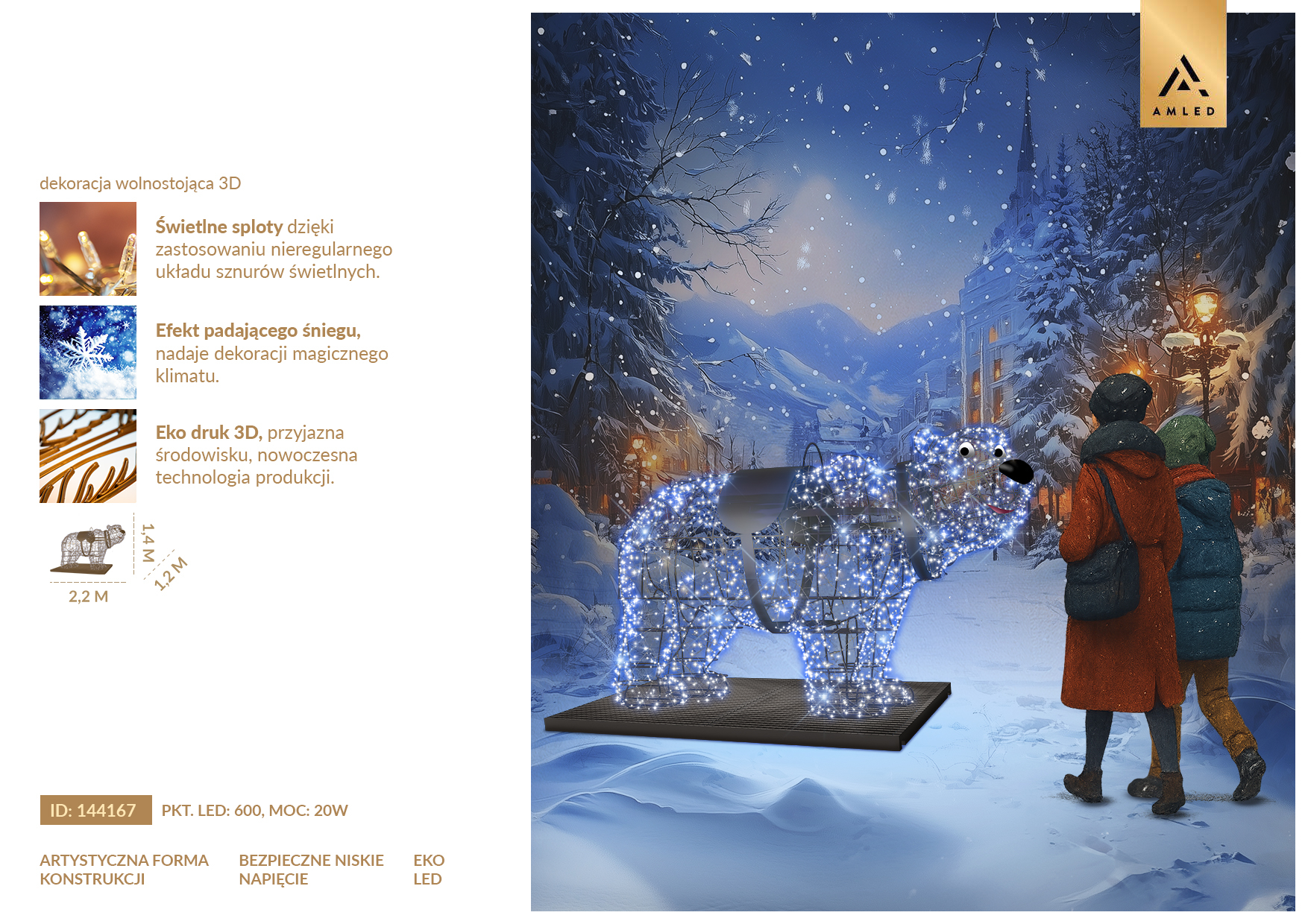 Karta produktu Miś Polarny 3D LED – wolnostojąca dekoracja świetlna przedstawiająca polarnego niedźwiedzia z oświetleniem LED, efektem padającego śniegu oraz elementami wykonanymi w technologii Eko druku 3D. ID 144167.