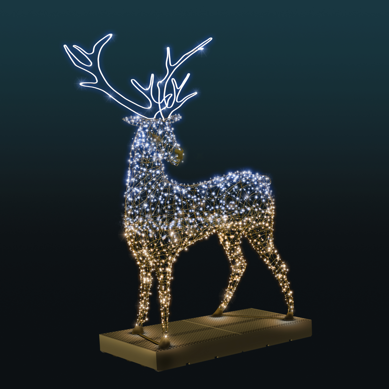 Śnieżny Renifer LED – przestrzenna dekoracja 3D z efektownym świetlnym porożem, idealna do iluminacji miejskich, galerii handlowych, parków, hoteli oraz zimowych stref fotograficznych.