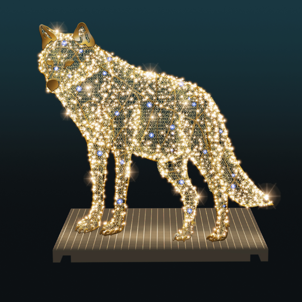 Wilczyca 3D LED z efektownym oświetleniem, metalowymi zdobieniami i krystalicznym wykończeniem. Dekoracja świąteczna do miast, parków, galerii handlowych oraz ogrodów światła.
