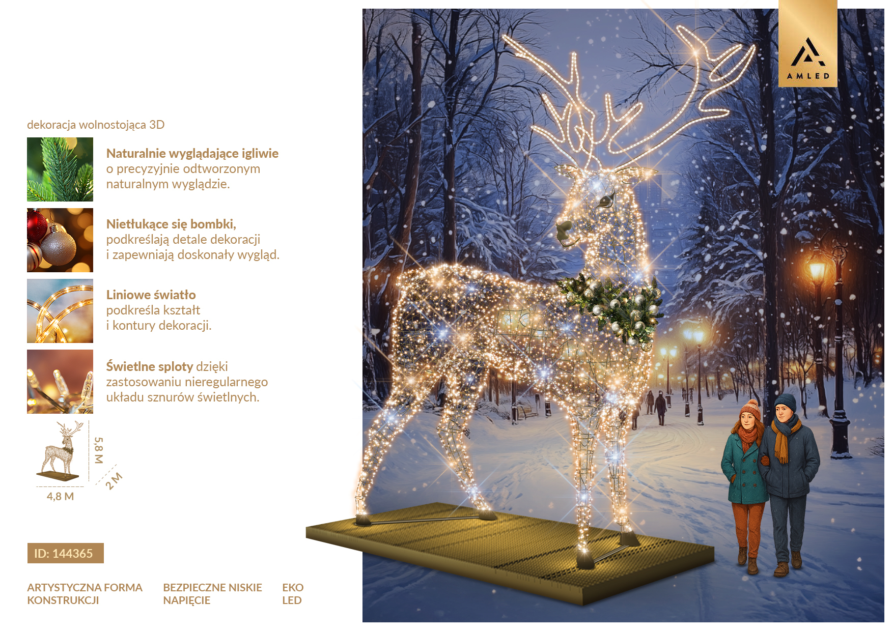 Karta produktu Leśny Renifer 3D LED – wolnostojąca dekoracja świąteczna z realistycznym wieńcem z igliwia, nietłukącymi bombkami oraz oświetleniem LED. ID 144365.