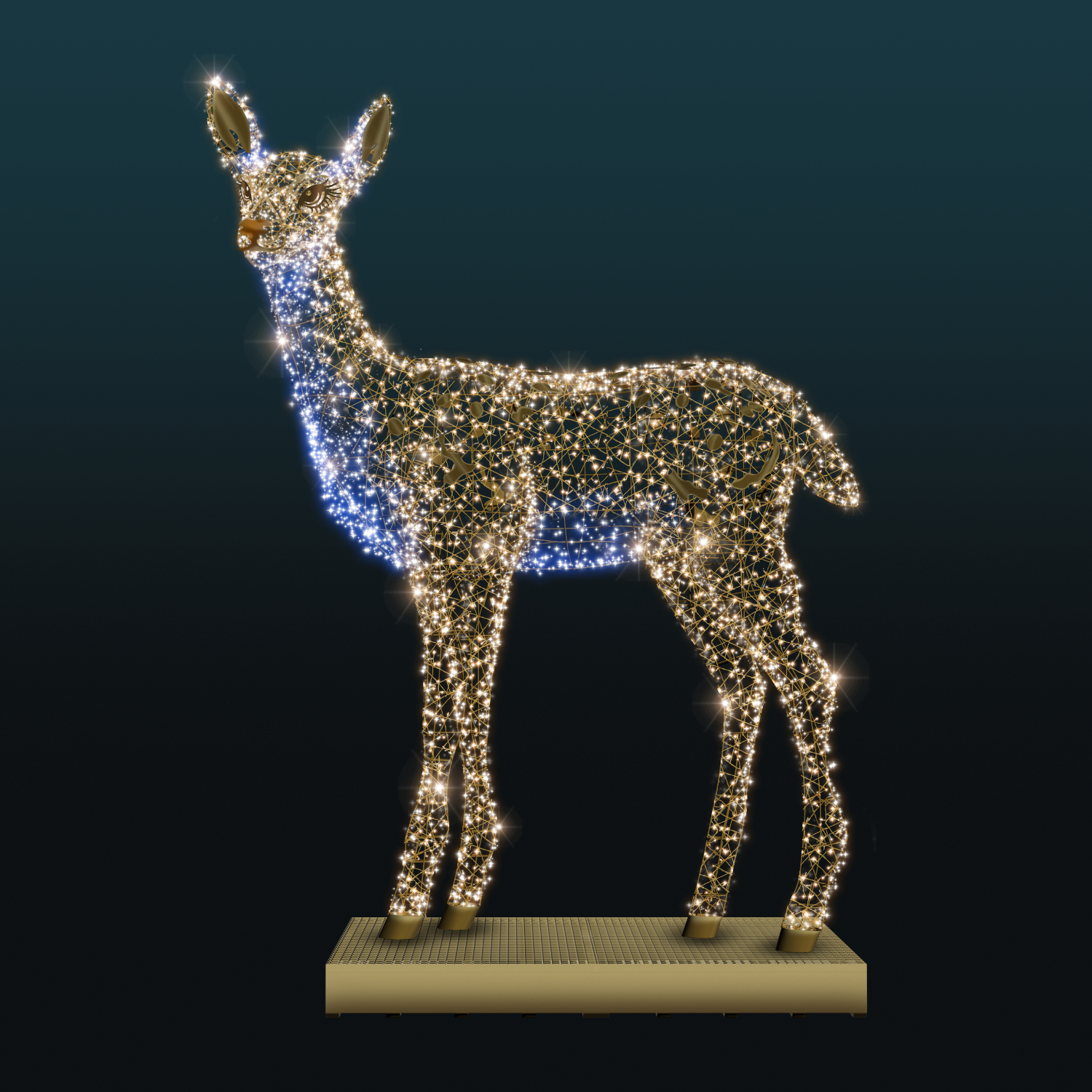 Leśna Sarna 3D LED z subtelnym oświetleniem i metalowymi zdobieniami. Elegancka dekoracja świąteczna do parków, miast, galerii handlowych, hoteli oraz ogrodów światła.
