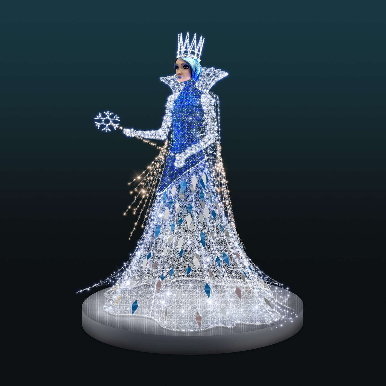 Królowa Śniegu 3D LED z koroną, świetlną śnieżynką oraz błyszczącą suknią z kryształowym wykończeniem. Elegancka dekoracja świąteczna do przestrzeni miejskich, hoteli, parków i ogrodów światła.