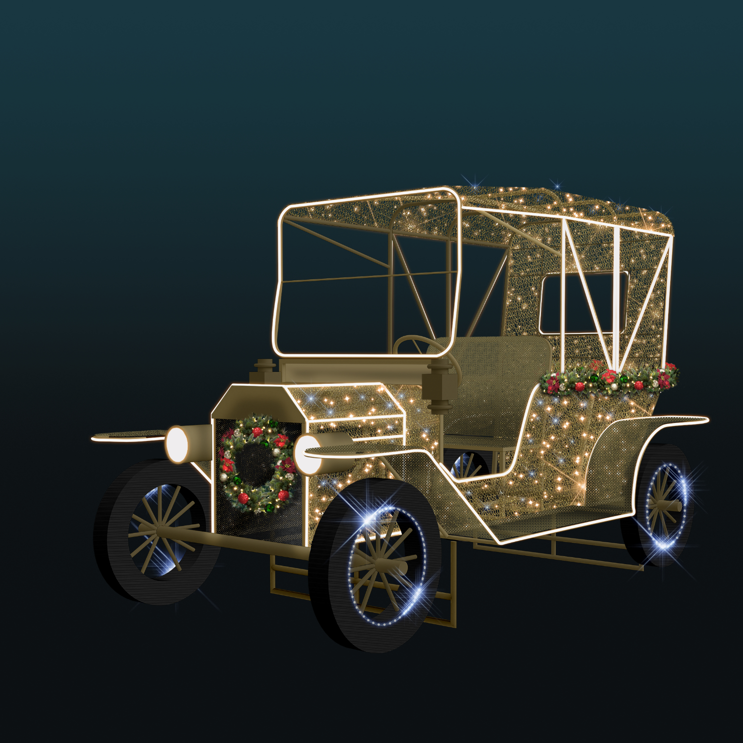 Ford Model T 3D LED – świąteczna dekoracja przestrzenna w formie klasycznego samochodu z liniowym oświetleniem LED, igliwiem i ozdobnymi bombkami. Efektowny fotopunkt do miejskich i komercyjnych iluminacji.