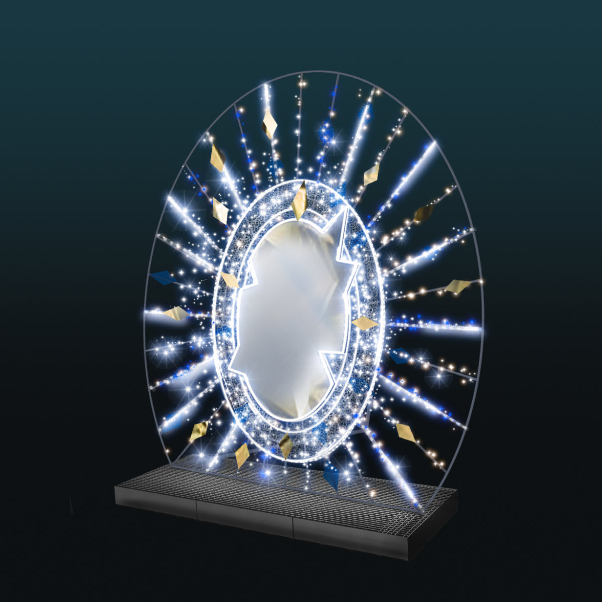 Magiczne Lustro 2D – efektowny fotopunkt z jasnym oświetleniem LED, promienistymi liniami światła i złotymi lustrzanymi detalami. Dekoracja tworzy widowiskową zimową iluminację.