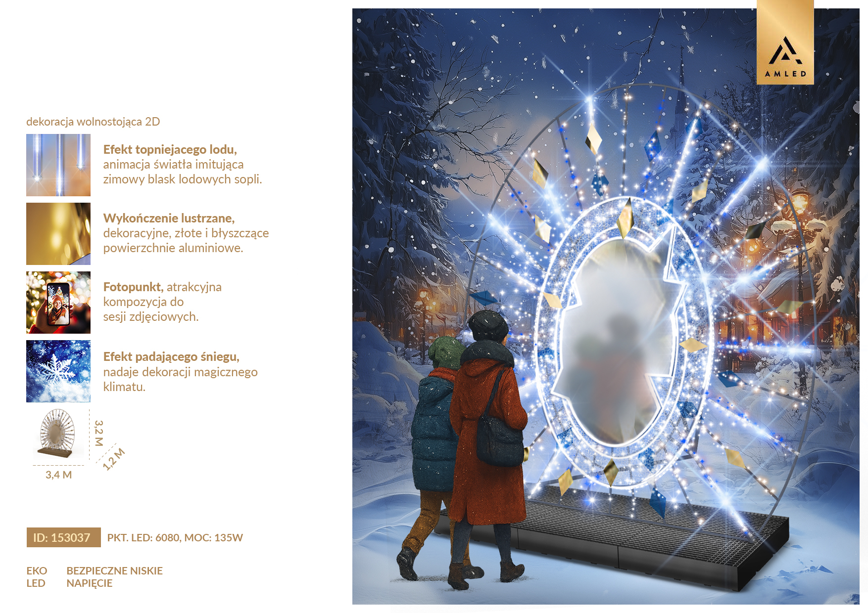 Karta produktu Magiczne Lustro 2D – świetlna dekoracja z centralnym fotopunktem, promienistym oświetleniem LED, lustrzanymi detalami oraz efektami topniejącego lodu i padającego śniegu. ID 153037.