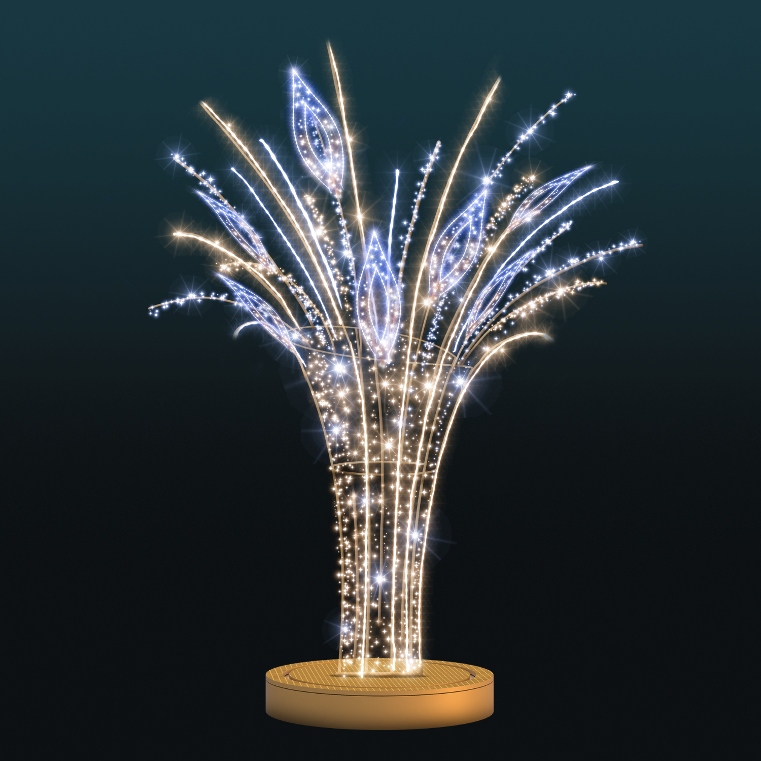 Lodowa Fontanna 3D – przestrzenna iluminacja przypominająca zamarznięte strumienie fontanny, ozdobiona świetlistymi detalami i tysiącami punktów LED w chłodnej i ciepłej bieli.