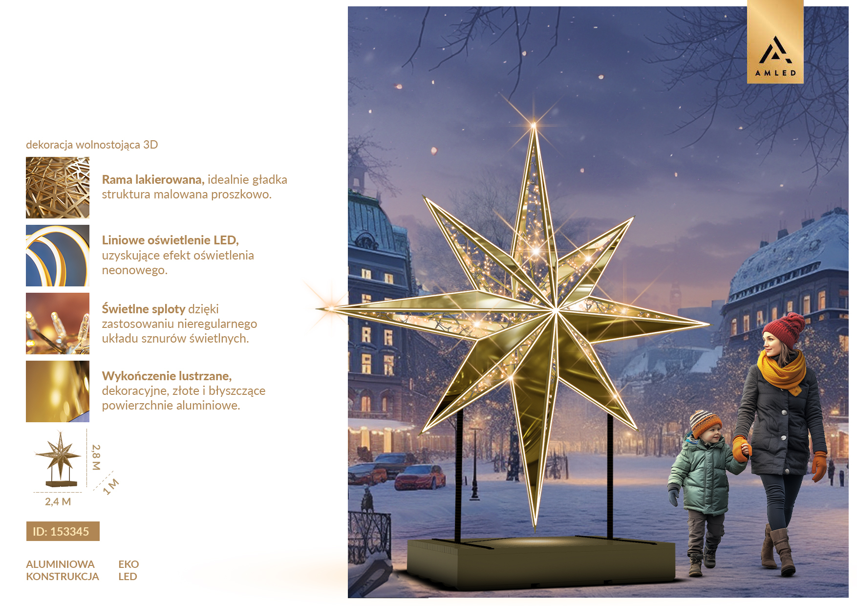 Karta produktu Złota Gwiazda 3D – przestrzenna dekoracja świetlna ze złotym lustrzanym wykończeniem, liniowym oświetleniem LED i świetlnymi splotami. ID 153345.