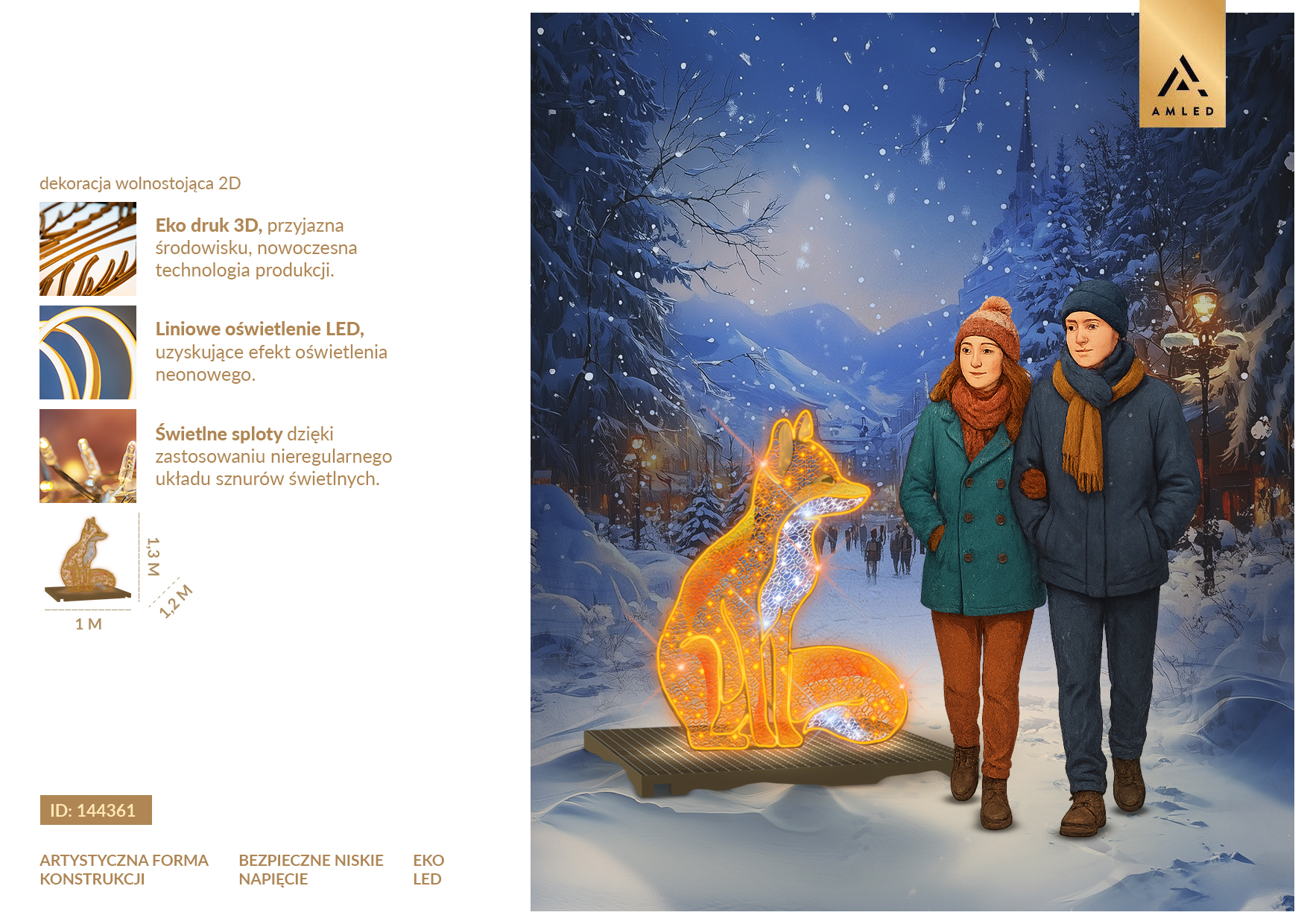 Karta produktu Rudy Lis 2D przedstawiająca wolnostojącą dekorację świetlną w kształcie siedzącego lisa z pomarańczowym konturem LED, białymi detalami i ażurowym wypełnieniem. ID 144361.