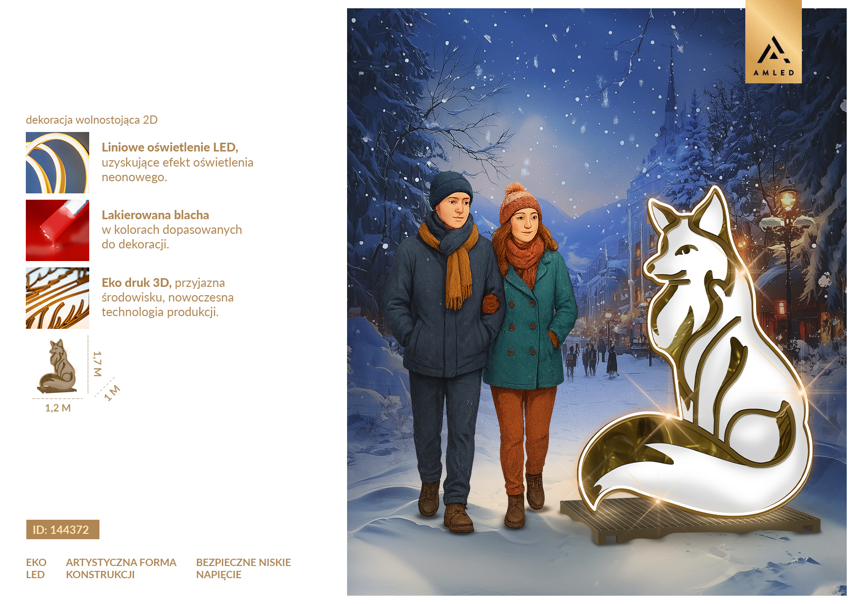 Karta produktu Polarny Lis 2D LED – dekoracja świetlna w kształcie stylizowanego lisa z liniowym oświetleniem LED i lakierowanymi elementami. ID 144372.
