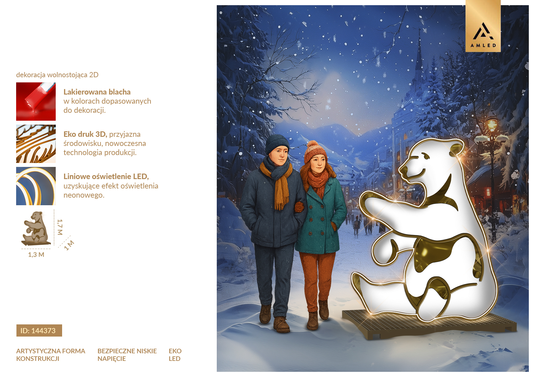 Karta produktu Miś Polarny 2D LED – dekoracja świetlna przedstawiająca siedzącego niedźwiedzia polarnego z lakierowanej blachy i liniowym oświetleniem LED. ID 144373.