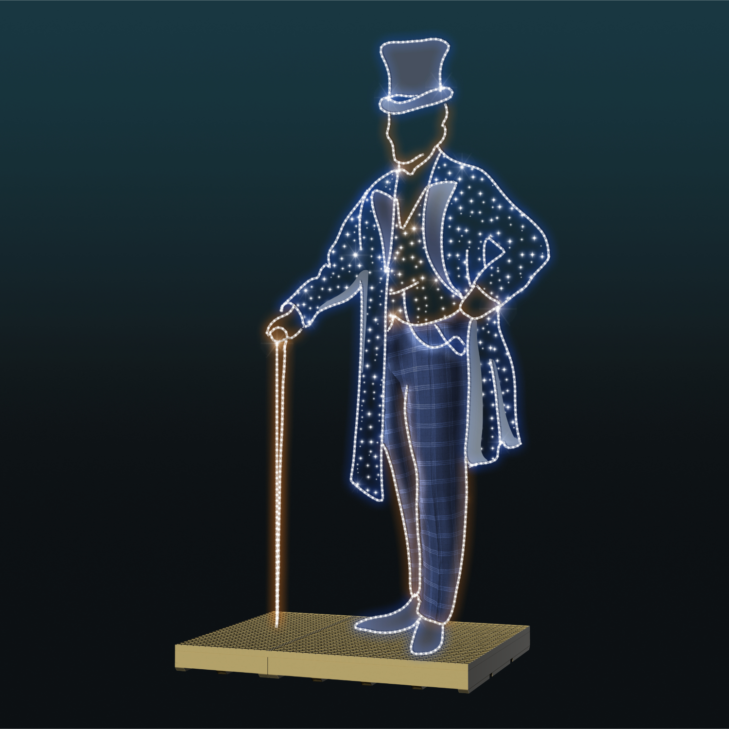 Dżentelmen 2D, świetlna dekoracja przedstawiająca eleganckiego mężczyznę w cylindrze, długim płaszczu i z laską, ozdobionego białym i niebieskim światłem LED.