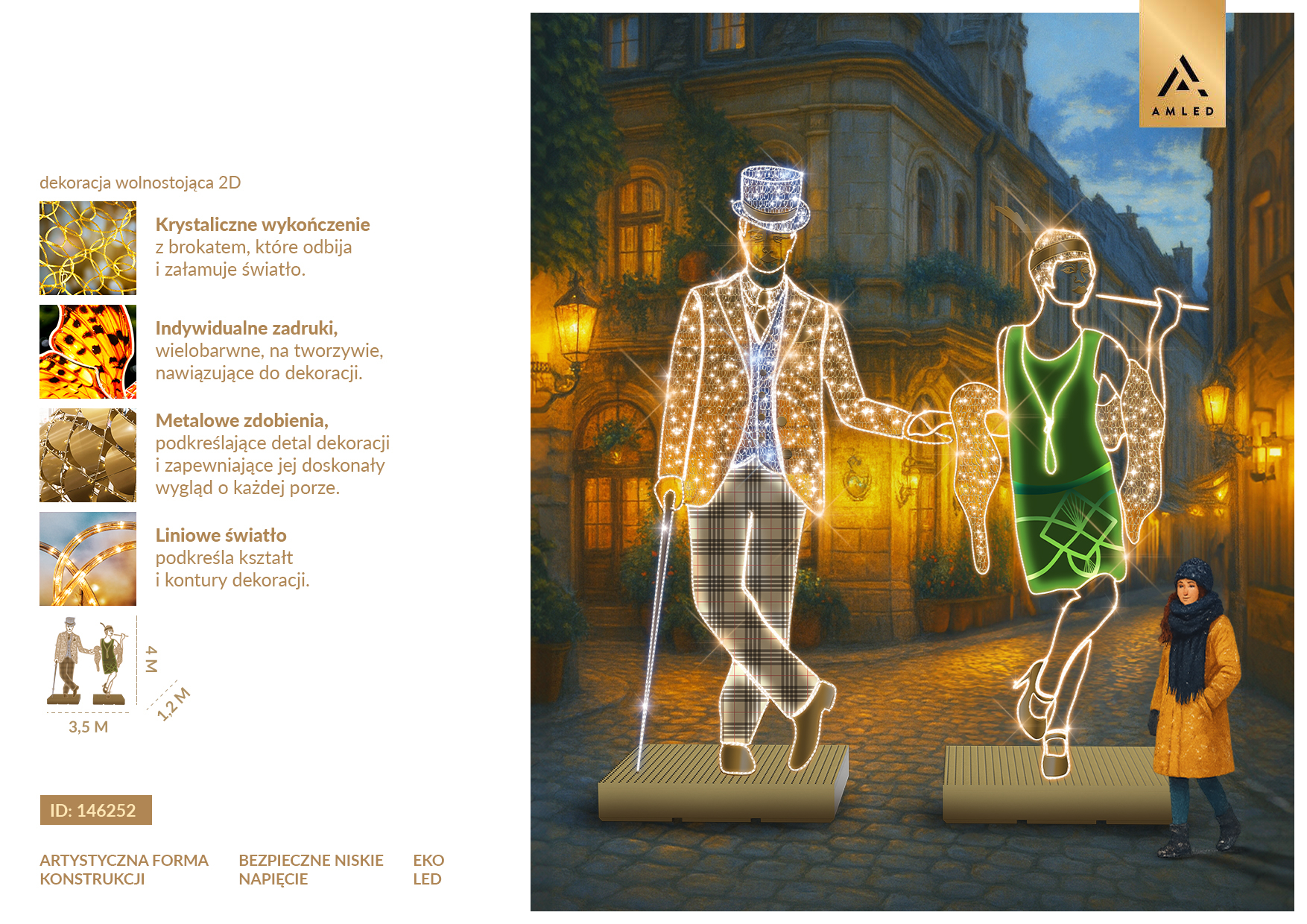 Karta produktu Lata Trzydzieste Wieczorowo 2D przedstawiająca dwie wolnostojące dekoracje świetlne w formie eleganckiego mężczyzny z laską oraz kobiety w zielonej sukni. ID 146252.