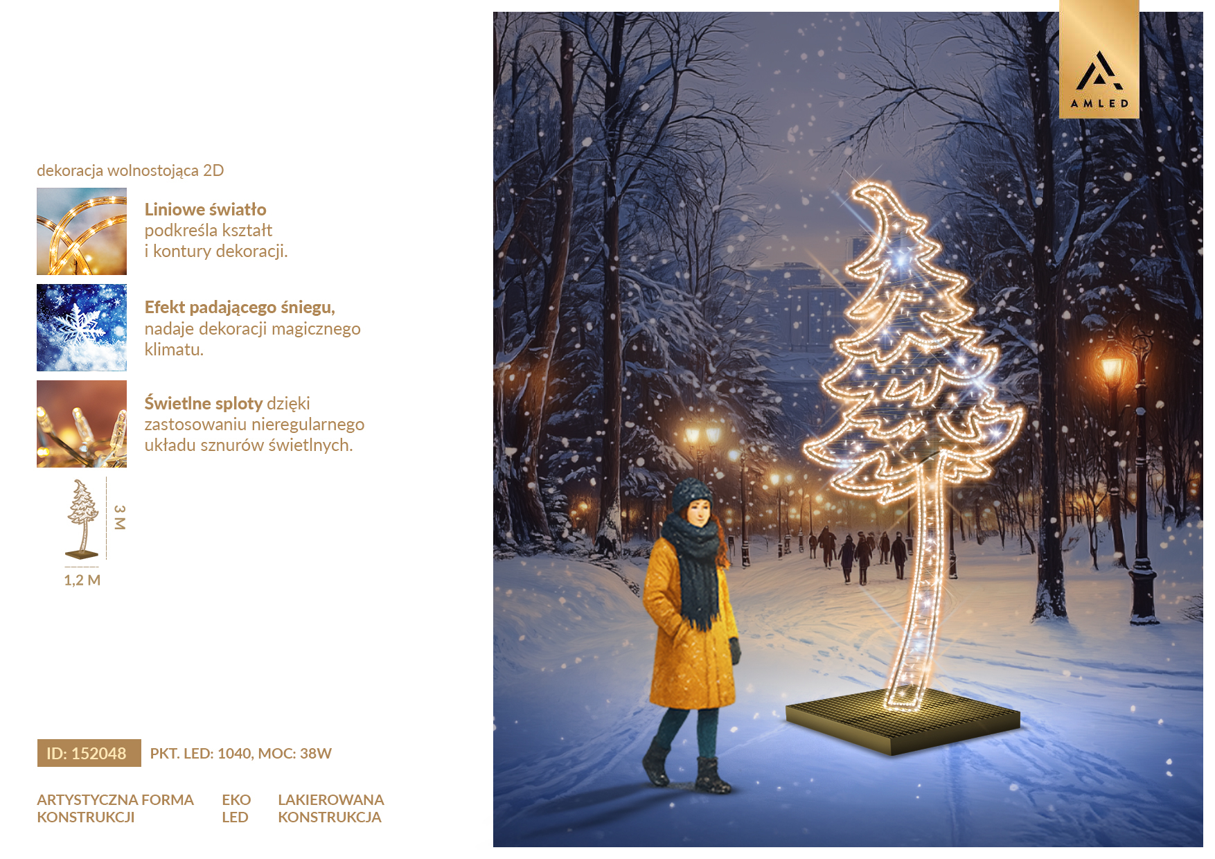 Karta produktu Zimowa Choinka 2D LED – dekoracja świetlna w kształcie stylizowanej choinki z liniowym oświetleniem LED i efektem padającego śniegu. ID 152048.