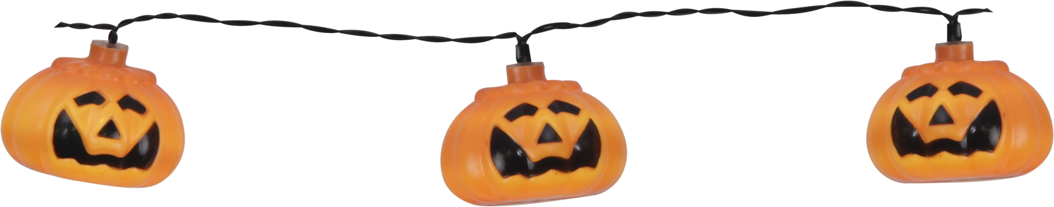 Łańcuch świetlny z lampkami w formie pomarańczowych dyń Halloween na czarnym przewodzie, pokazany na jasnym tle jako główny produkt.