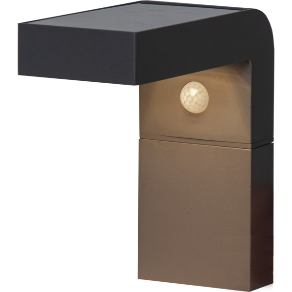 Solarny kinkiet LED VICI czarna obudowa widok produktu na białym tle czujnik ruchu PIR minimalistyczna forma nowoczesne oświetlenie zewnętrzne.