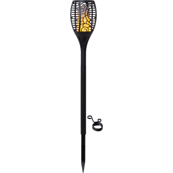 Dekoracyjna lampa solarna LED z efektem płomienia na czarnej sztycy do ogrodu i na taras.