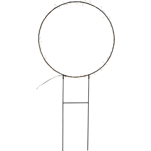 Okrągła dekoracja świetlna LED na czarnym metalowym stelażu. Delikatne ciepłe lampki rozmieszczone wokół obręczy, produkt pokazany na białym tle, widoczna konstrukcja i przewód zasilający.