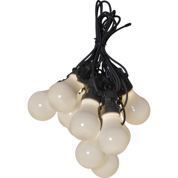 Zestaw girlandy ogrodowej LED – dziesięć mlecznych kloszy połączonych czarnym przewodem, produkt pokazany na czarnym tle, widok detalu.