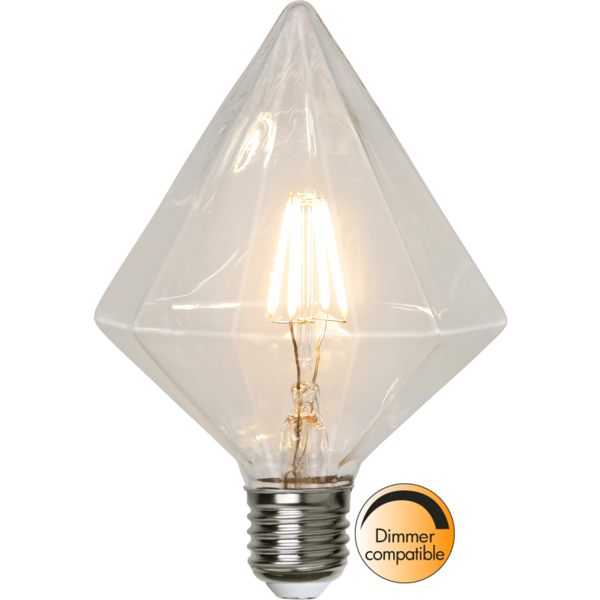 Żarówka LED E27 w kształcie diamentu, filament 2700K, ciepłe białe światło, przezroczysta geometryczna bańka, dimmer compatible.