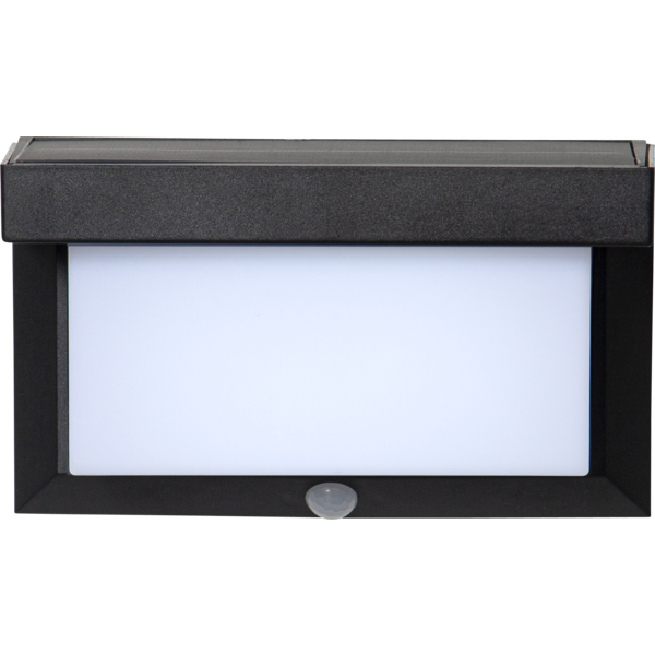 Kinkiet solarny o nowoczesnej, prostokątnej formie z białym panelem świetlnym i czujnikiem ruchu, zapewnia komfortowe oświetlenie wejścia lub ogrodzenia oraz wygodę użytkowania bez podłączenia do prądu.