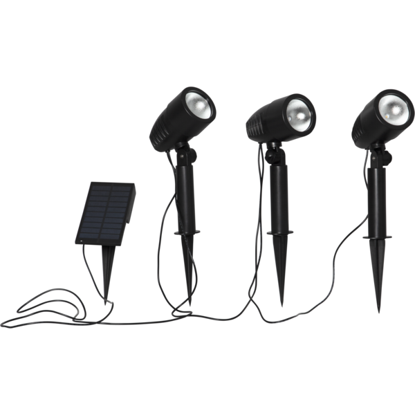 Trzy solarne reflektory LED ogrodowe w czarnej obudowie z regulowanymi głowicami i panelem solarnym.