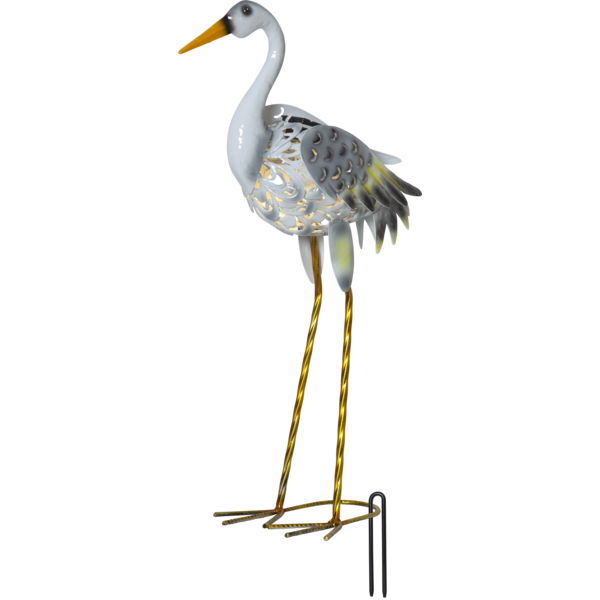 Metalowa czapla ogrodowa LED na smukłych, złotych nogach, z ażurowym korpusem emitującym ciepłe światło, stanowi efektowną i stylową dekorację do ogrodu lub na taras.