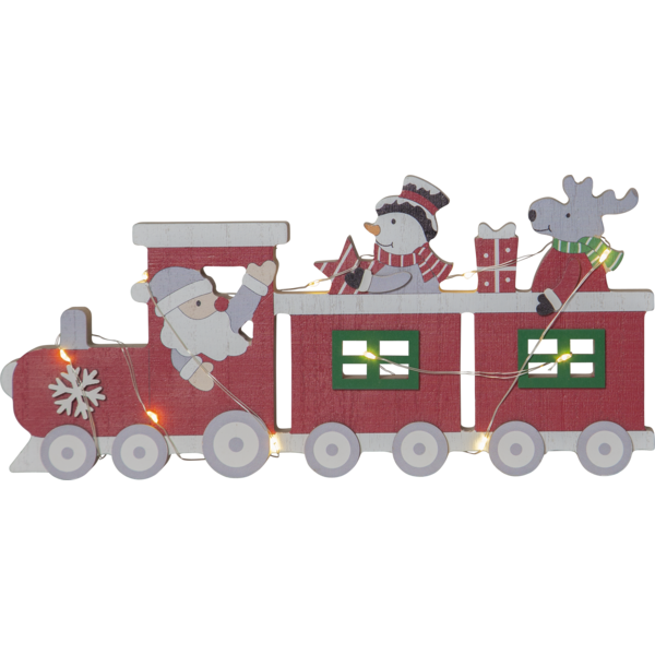 Drewniana dekoracja świąteczna LED w kształcie czerwonego pociągu z Mikołajem, bałwankiem i reniferem z prezentami, sfotografowana z boku na białym tle jako ozdoba na półkę lub komodę.